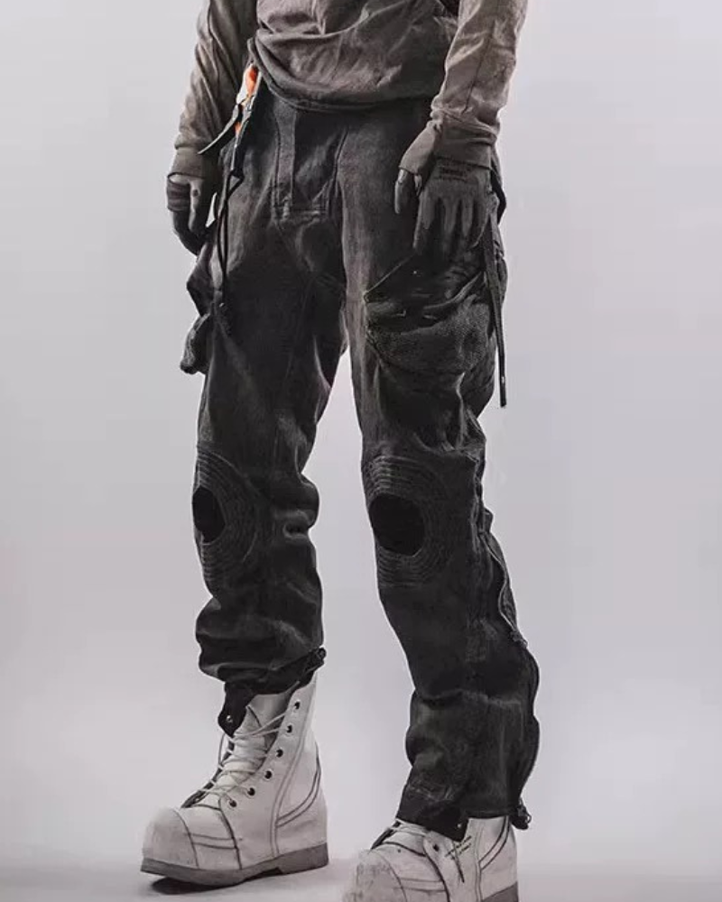 Wasteland Wear Mech Multi-Pocket Washed Distressed Casual Pants