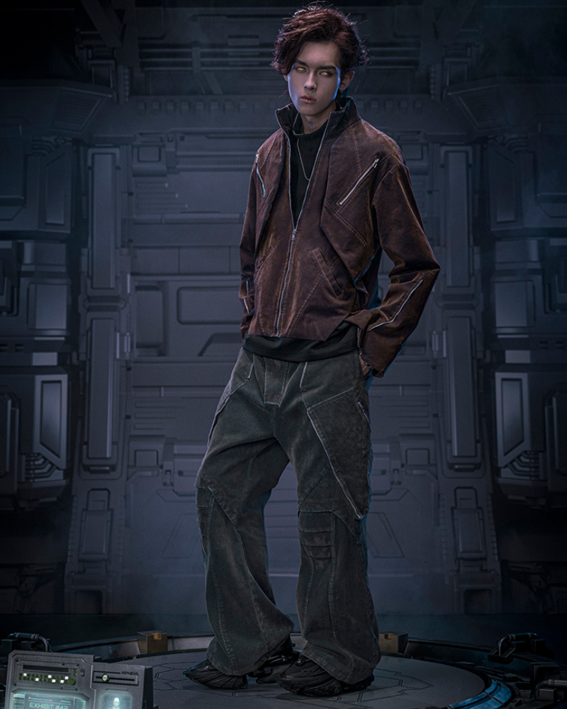 XIPHEVIL Cyberpunk Outfits Heavy Duty Loose Velvet Denim Pants