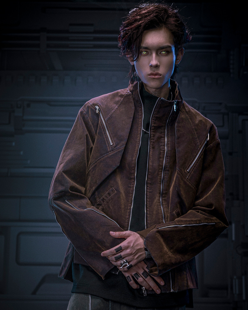 XIPHEVIL Cyberpunk Collection Unisex Velvet Short Jacket for Men, Brown, 100% Cotton and Viscose Fiber, XXL XIPHEVIL Cyberpunk Collection Unisex Velvet Short Jacket for Men, Brown, 100% Cotton and Viscose Fiber, XXL