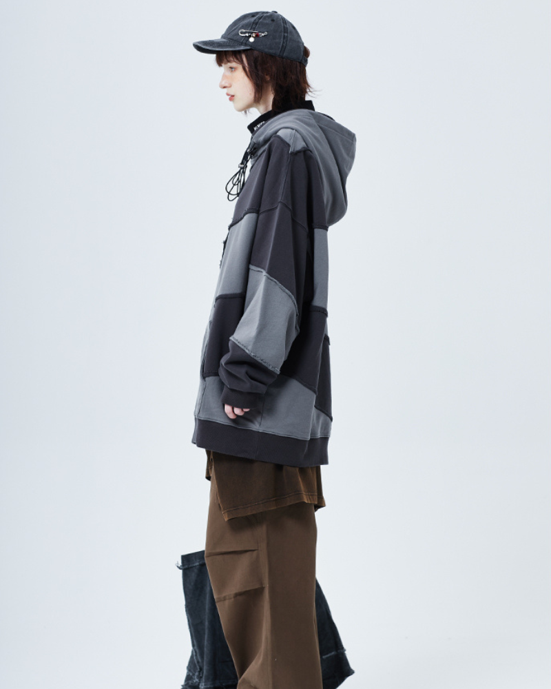 Streetwear Zipper Double Layer Patchwork Unisex Hoodie