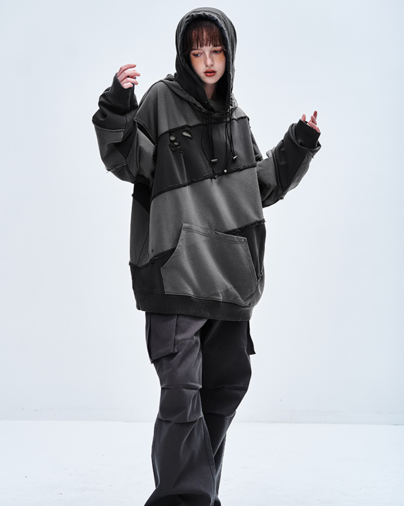 Streetwear Zipper Double Layer Patchwork Unisex Hoodie
