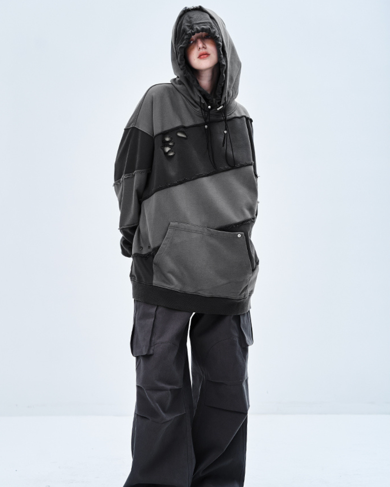 Streetwear Zipper Double Layer Patchwork Unisex Hoodie