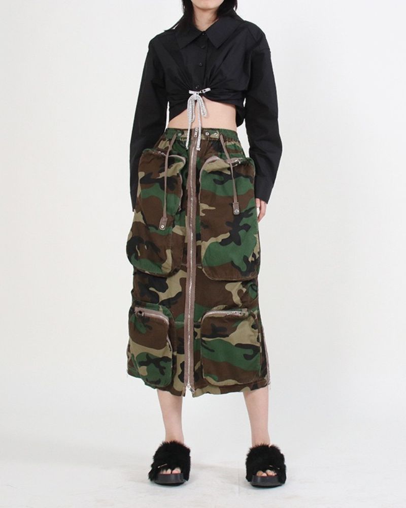 Zipper Multi-Pockets Long Cargo Skirt