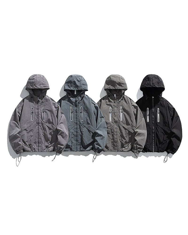 Hooded softshell windbreaker jacket four colors Rose Ash Alpine Blue Shadow Grey Obsidian Black lineup, white background