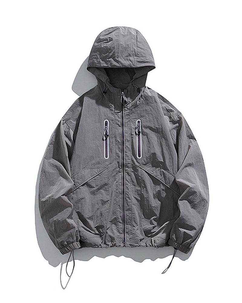 Rose Ash hooded softshell windbreaker jacket flat lay front, ghost mannequin, white background
