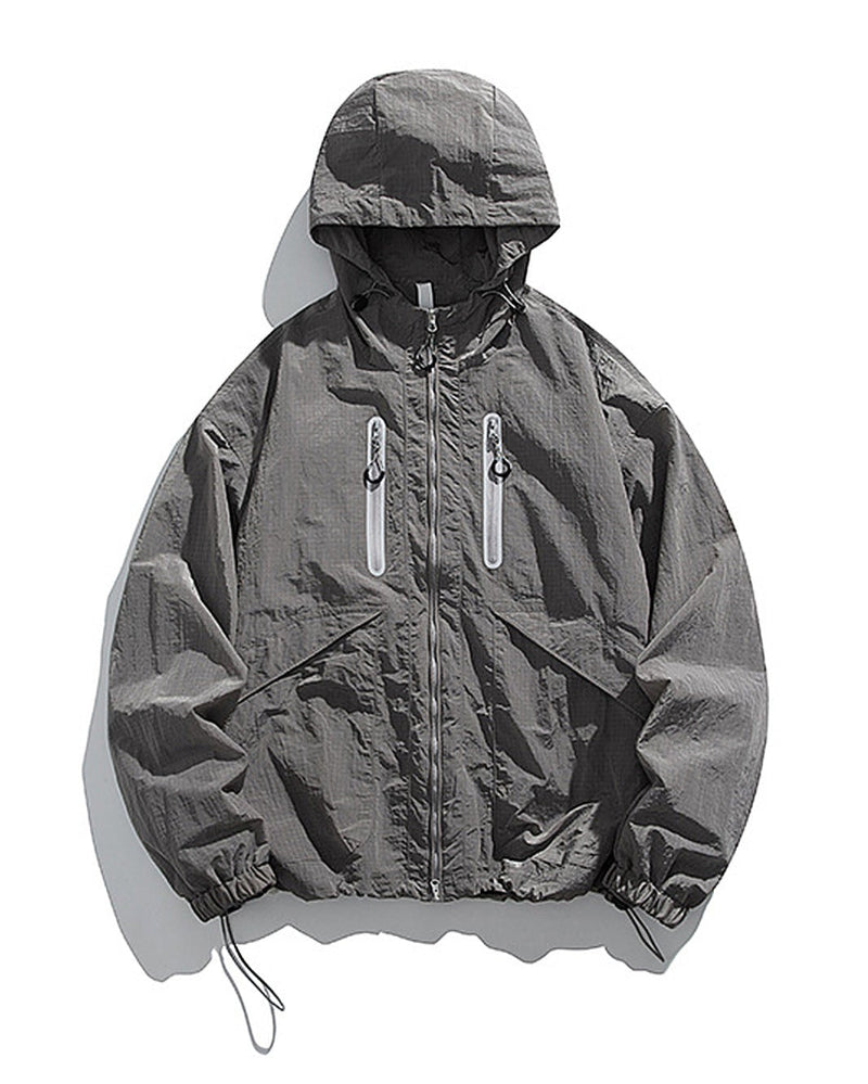 Shadow Grey hooded softshell windbreaker jacket flat lay front, ghost mannequin, white background