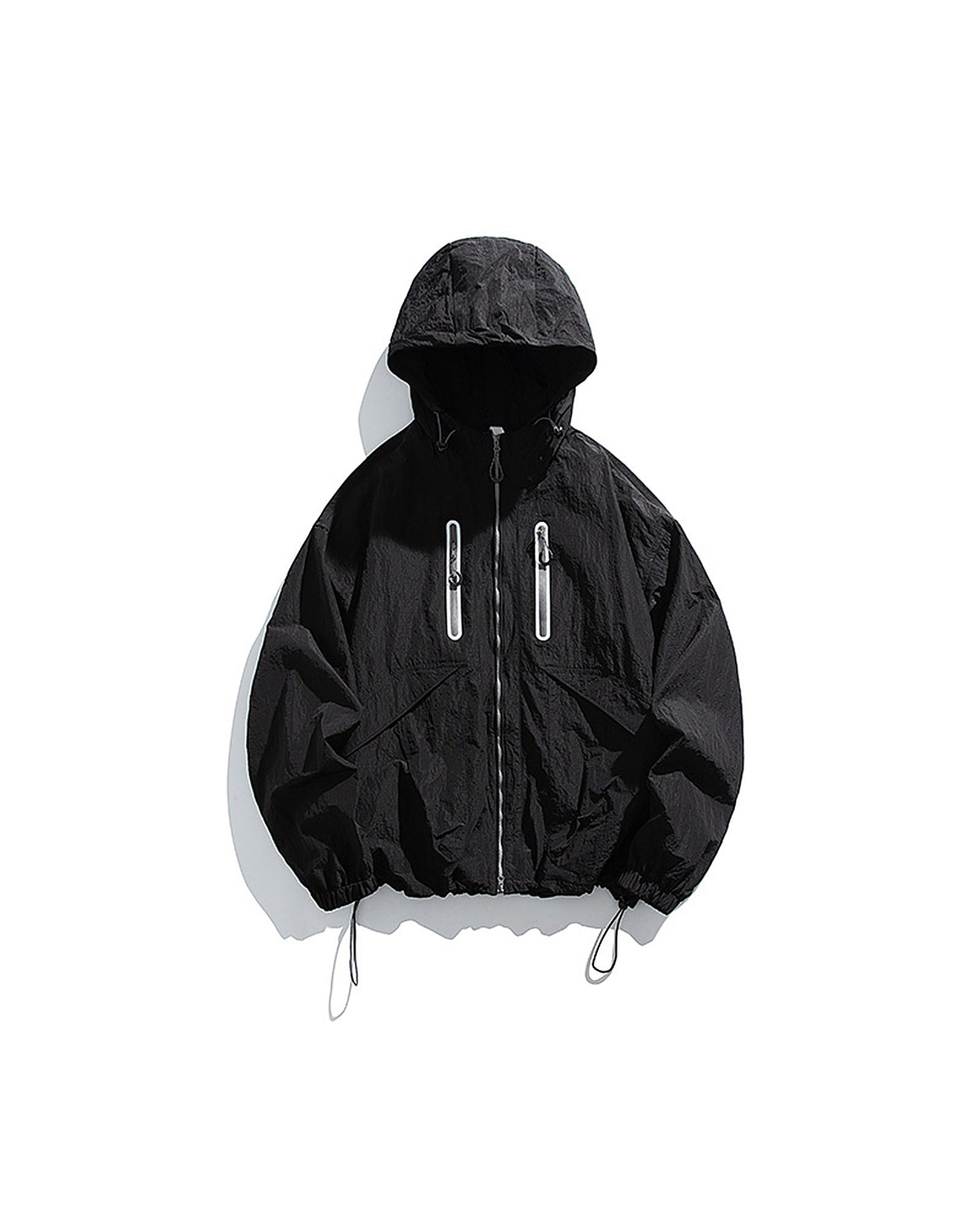 Obsidian Black hooded softshell windbreaker jacket flat lay front, ghost mannequin, white background