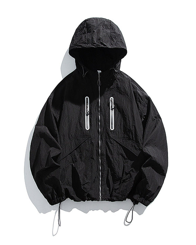 Obsidian Black hooded softshell windbreaker jacket flat lay front, ghost mannequin, white background