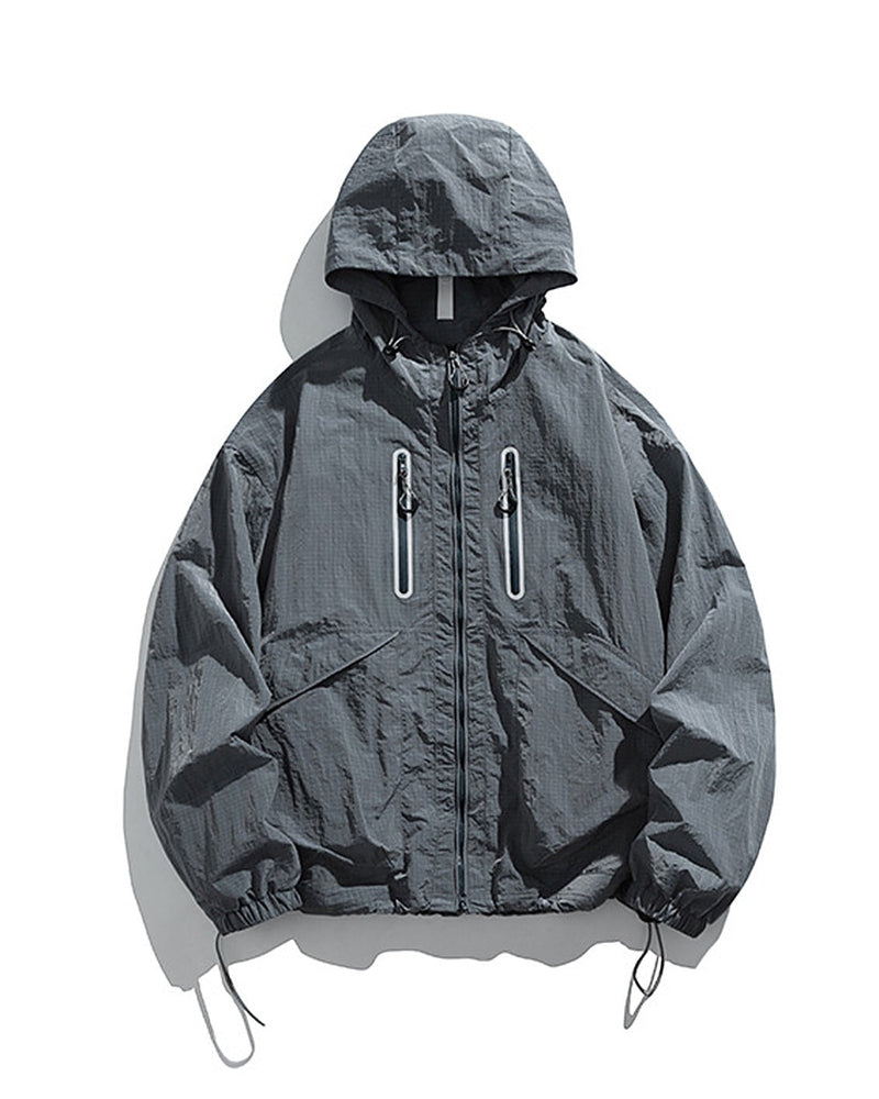 Alpine Blue hooded softshell windbreaker jacket flat lay front, ghost mannequin, white background