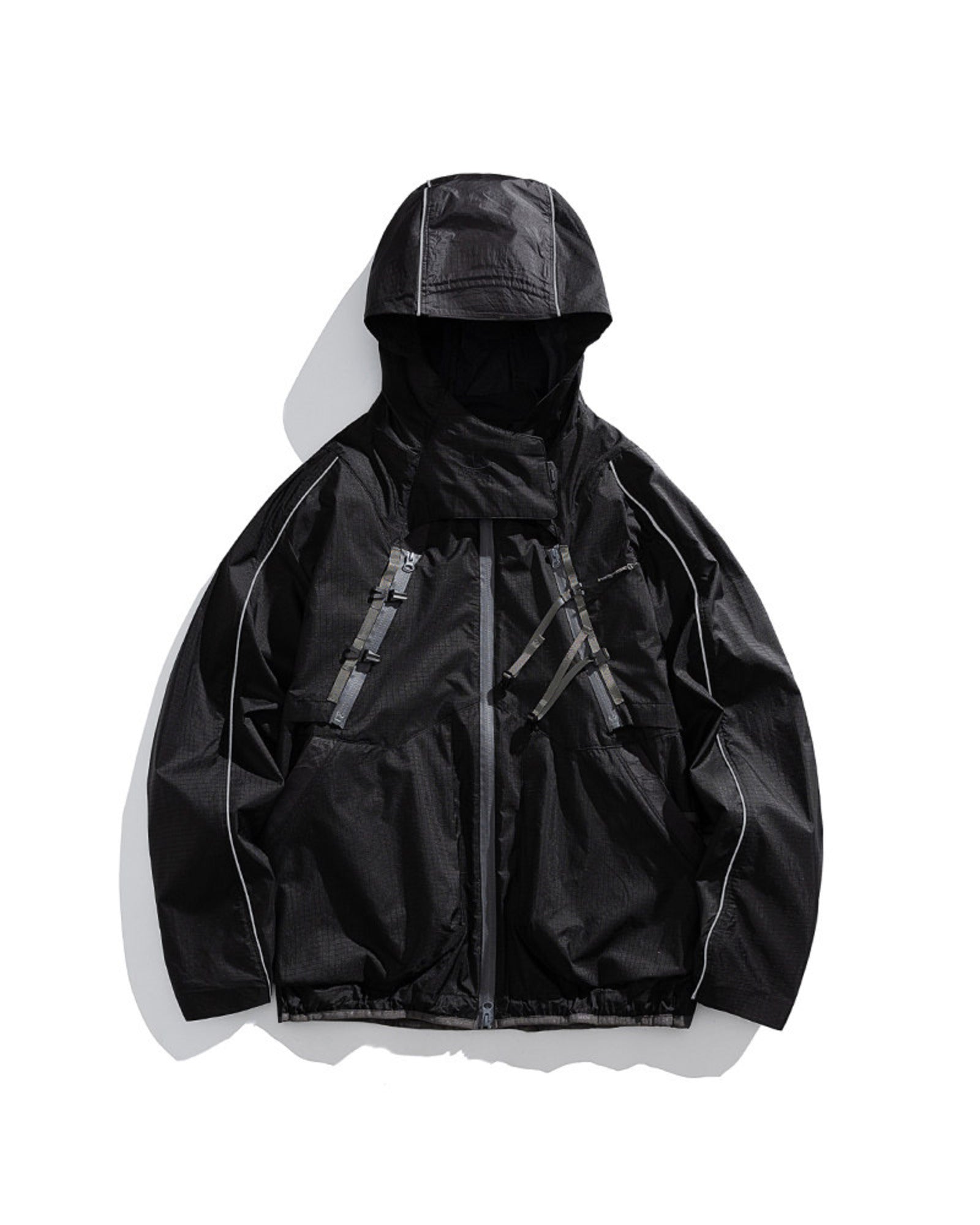 Midnight Black 2-in-1 detachable hooded shell jacket flat lay front, reflective piping and X-webbing chest buckles, outdoor techwear