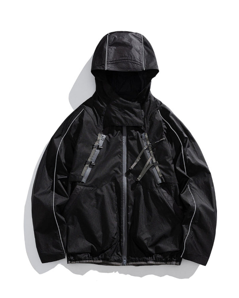 Midnight Black 2-in-1 detachable hooded shell jacket flat lay front, reflective piping and X-webbing chest buckles, outdoor techwear