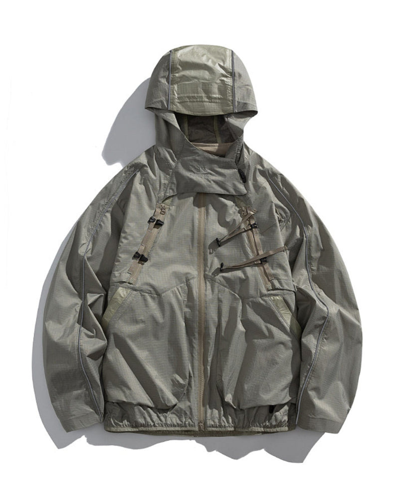 Sandstone Khaki 2-in-1 detachable hooded shell jacket flat lay front with mint webbing buckles, olive outdoor techwear