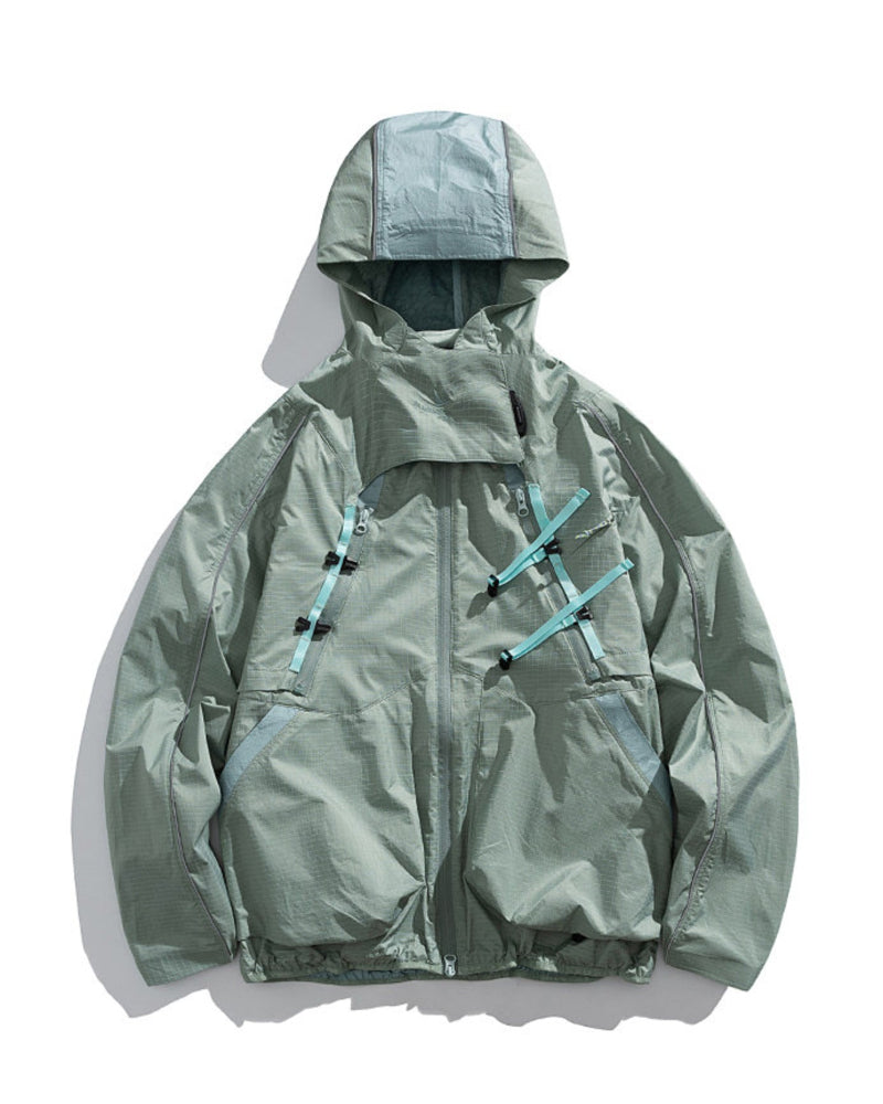 Bamboo Green 2-in-1 detachable hooded shell jacket flat lay front with teal webbing buckles, fresh sage outdoor techwear