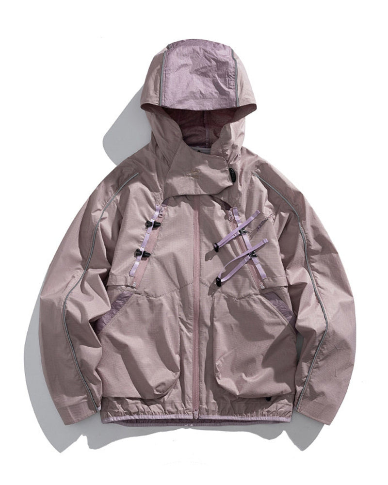 Grapefruit Pink 2-in-1 detachable hooded shell jacket flat lay front, dusty mauve-pink outdoor techwear with lavender buckles