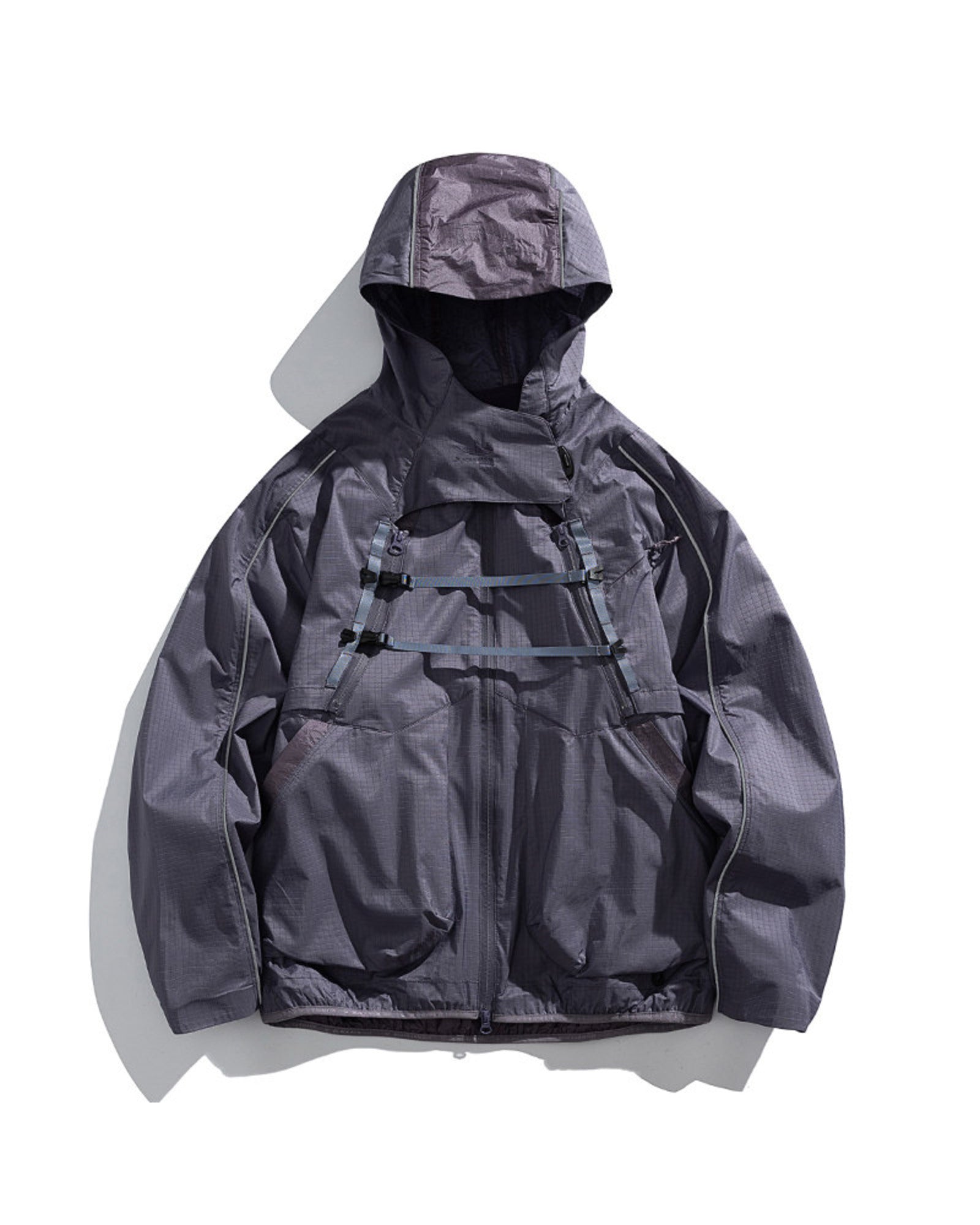 Mist Lavender 2-in-1 detachable hooded shell jacket flat lay front, muted slate-purple outdoor techwear