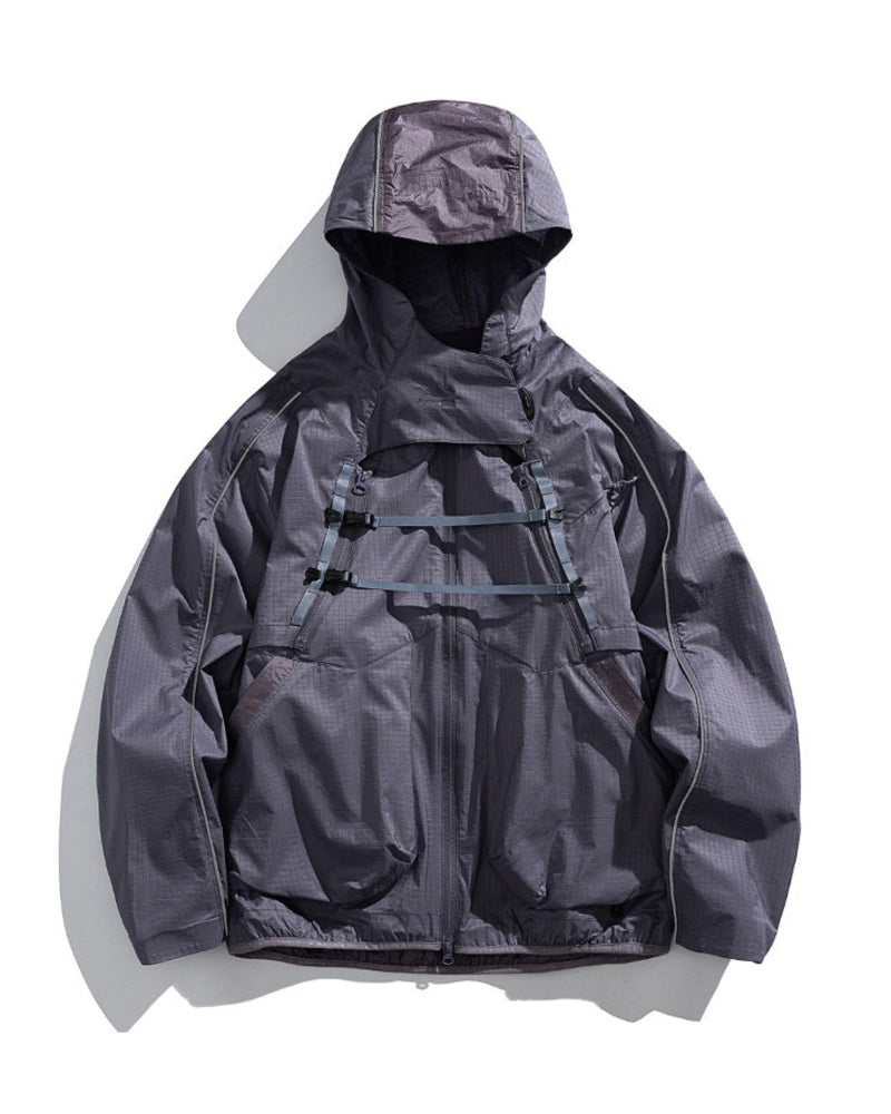 Mist Lavender 2-in-1 detachable hooded shell jacket flat lay front, muted slate-purple outdoor techwear