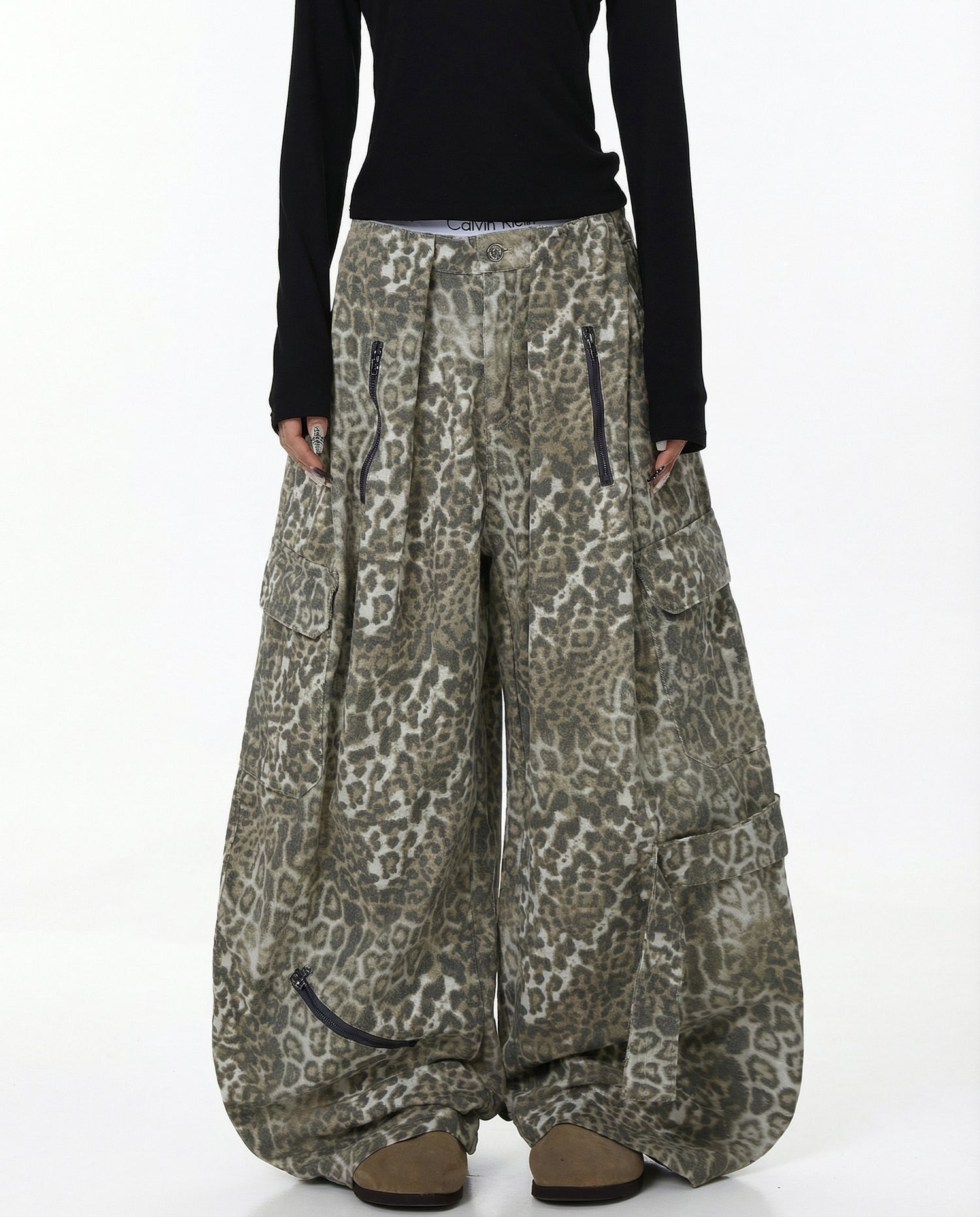 Leopard Denim Wide Leg Cargo Pants - Y2K Streetwear