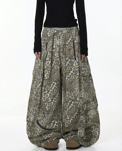Leopard Denim Wide Leg Cargo Pants - Y2K Streetwear