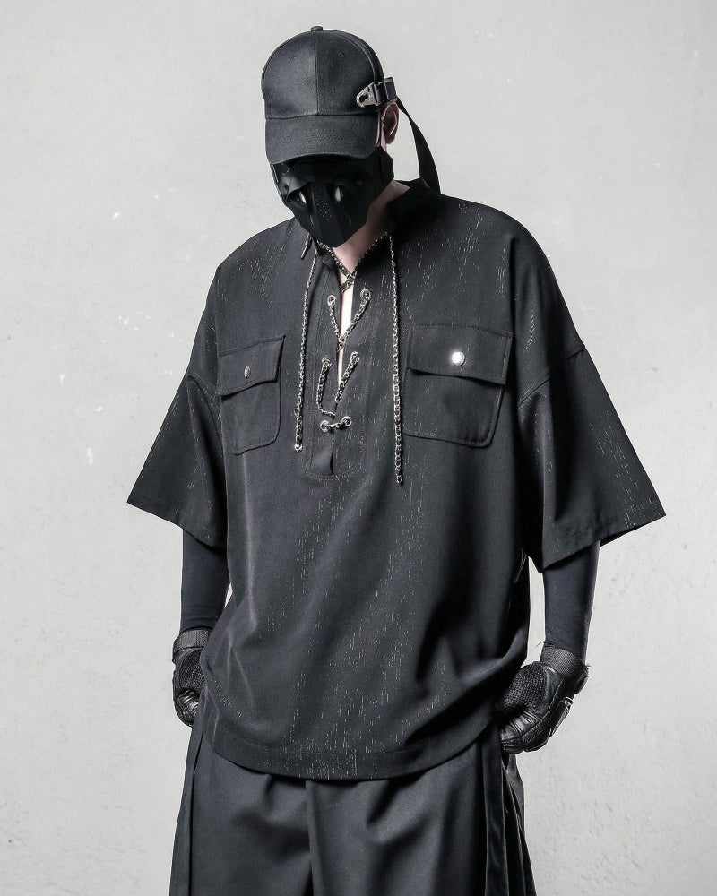 Darkwear Chain Lace-Up Textured Short Sleeve Shirt