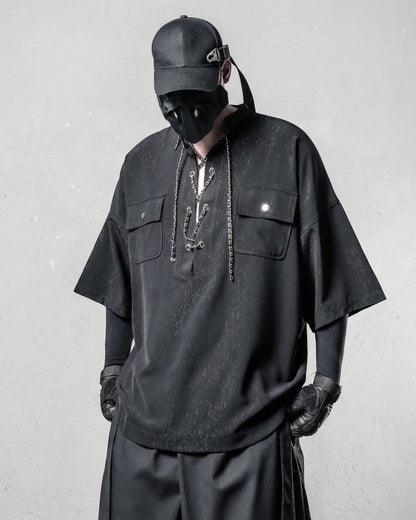 Darkwear Chain Lace-Up Textured Short Sleeve Shirt