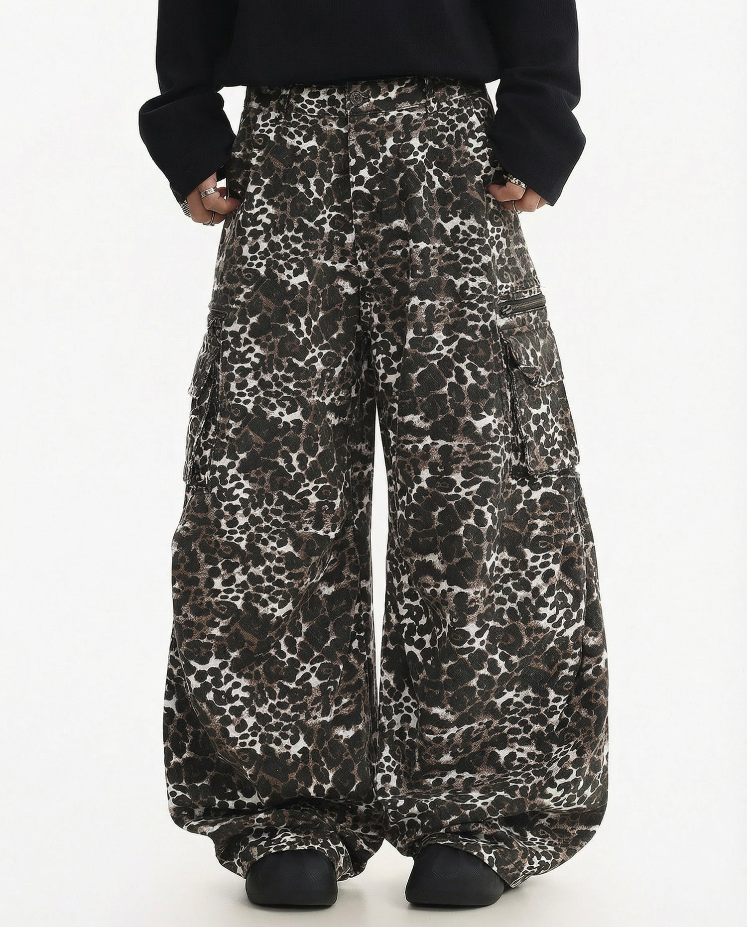 Leopard Print Wide Leg Cargo Pants - Urban Streetwear