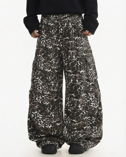 Leopard Print Wide Leg Cargo Pants - Urban Streetwear