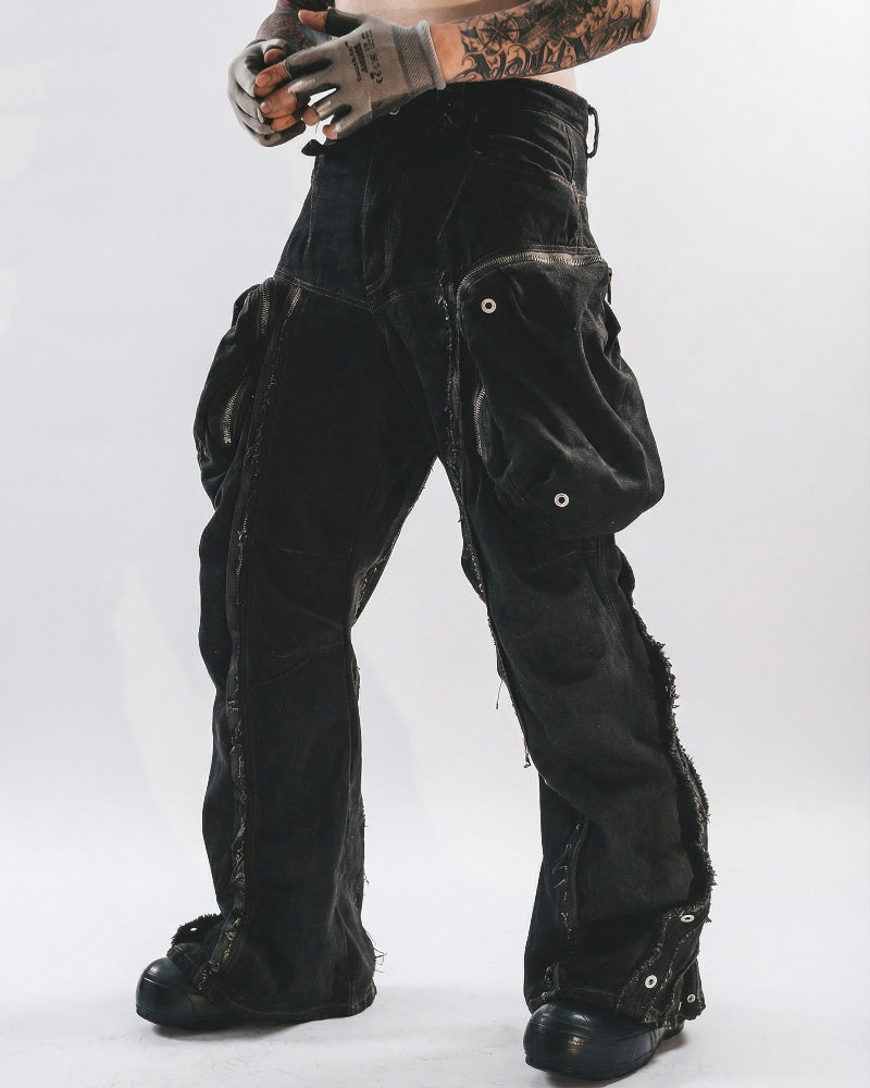 Distressed Cotton Wide Leg Cargo Pants - Grunge Streetwear