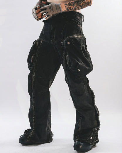 Distressed Cotton Wide Leg Cargo Pants - Grunge Streetwear