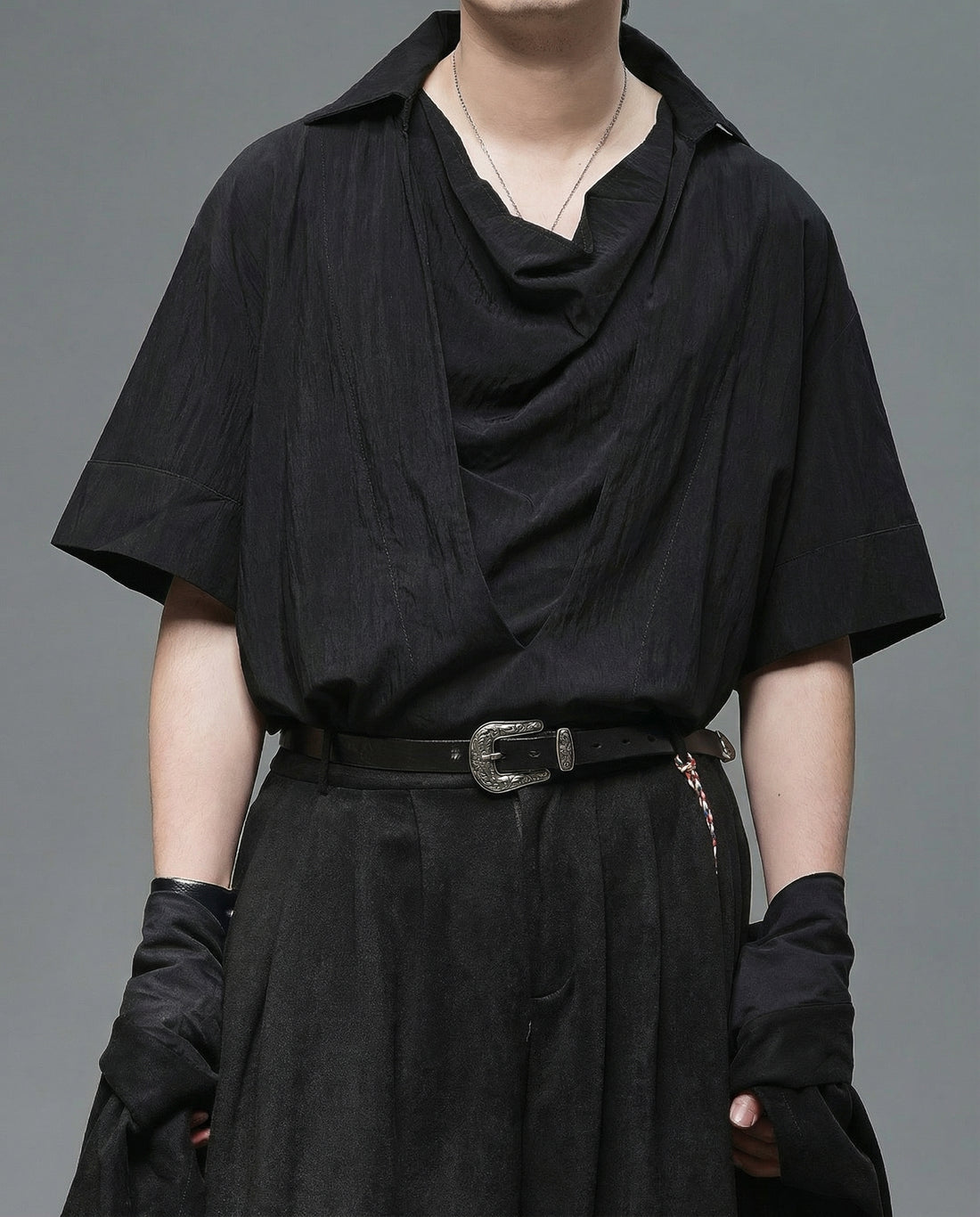 Oversized Cowl Neck Draped Shirt - Japanese Darkwear