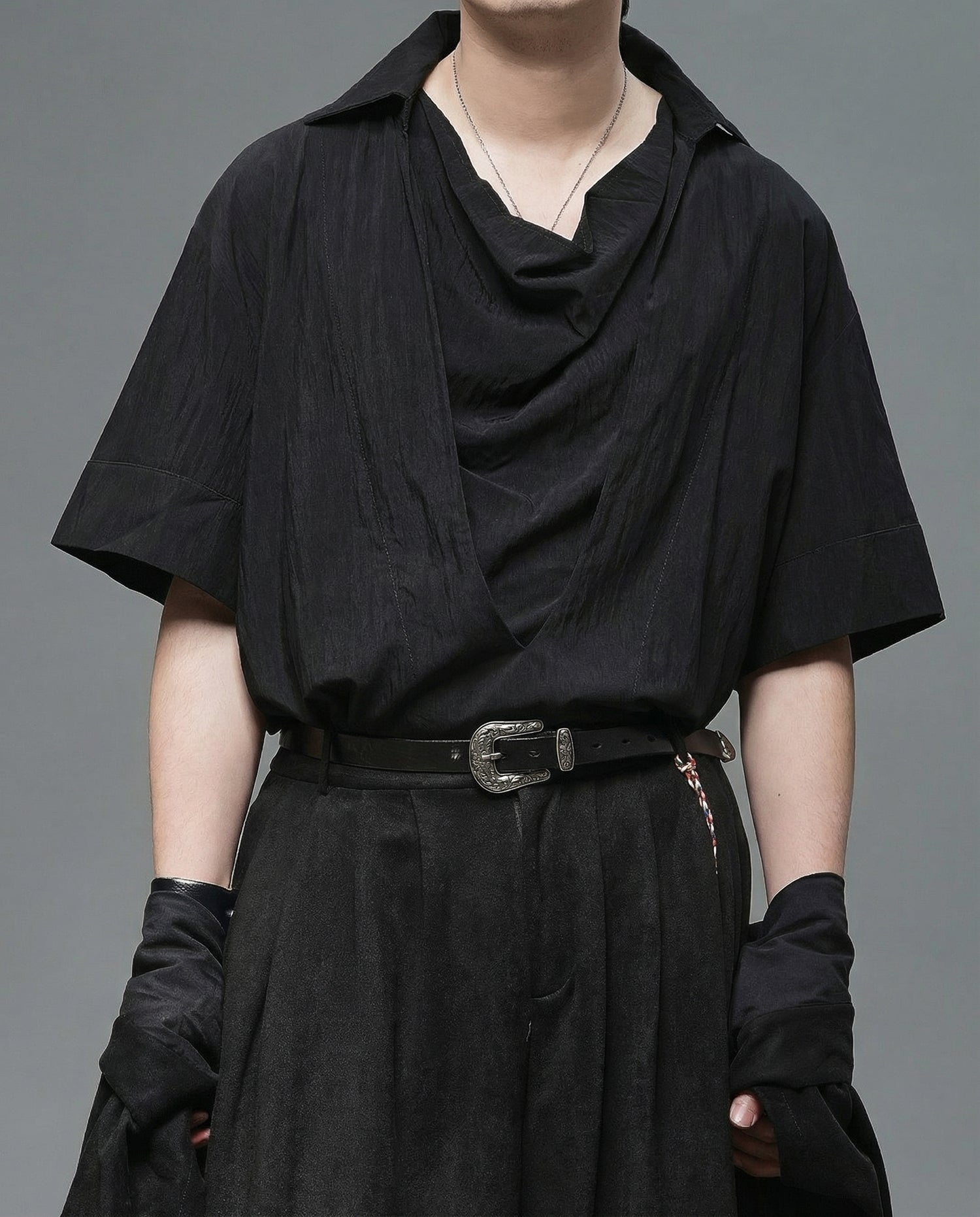 Oversized Cowl Neck Draped Shirt - Japanese Darkwear