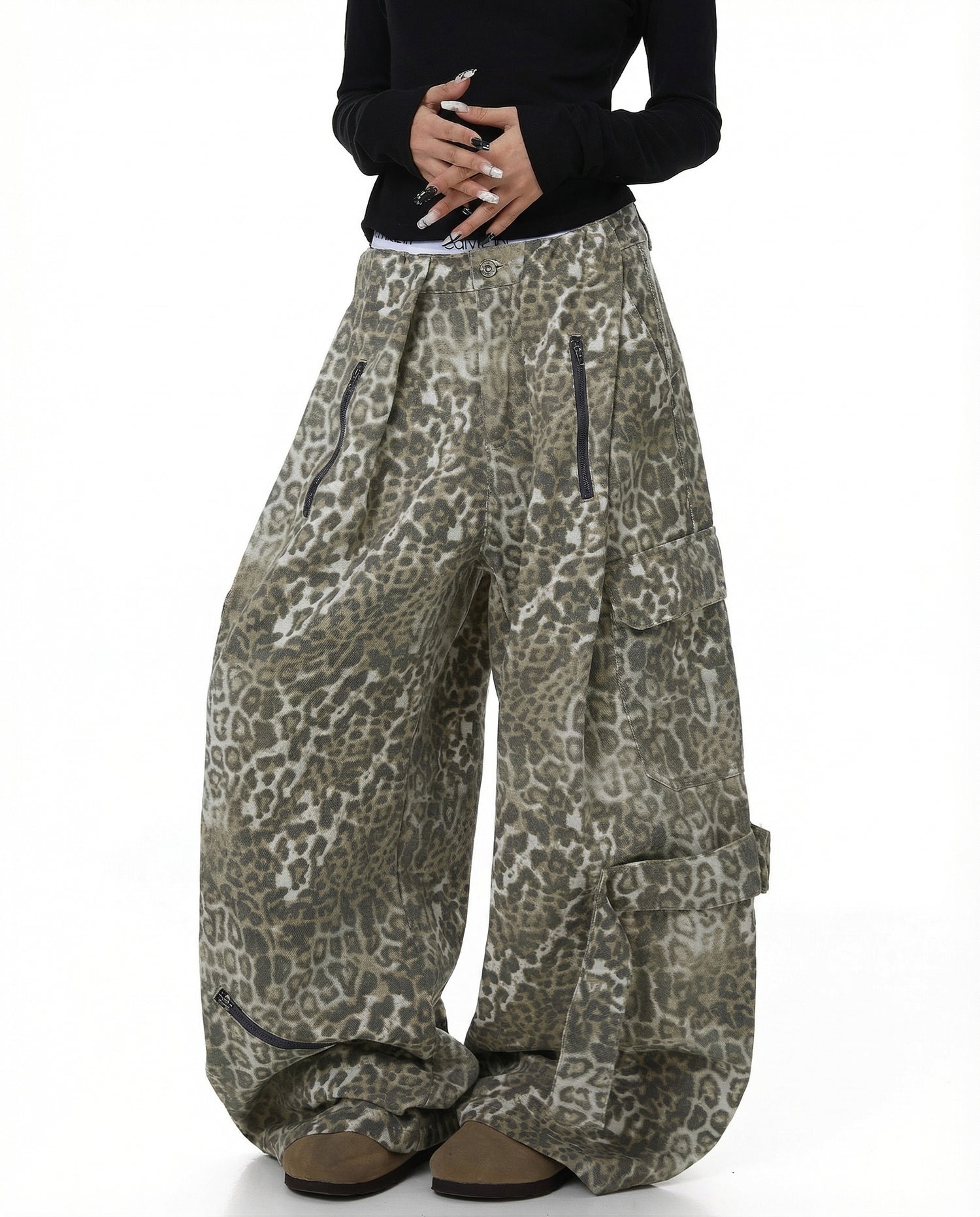Leopard Denim Wide Leg Cargo Pants - Y2K Streetwear