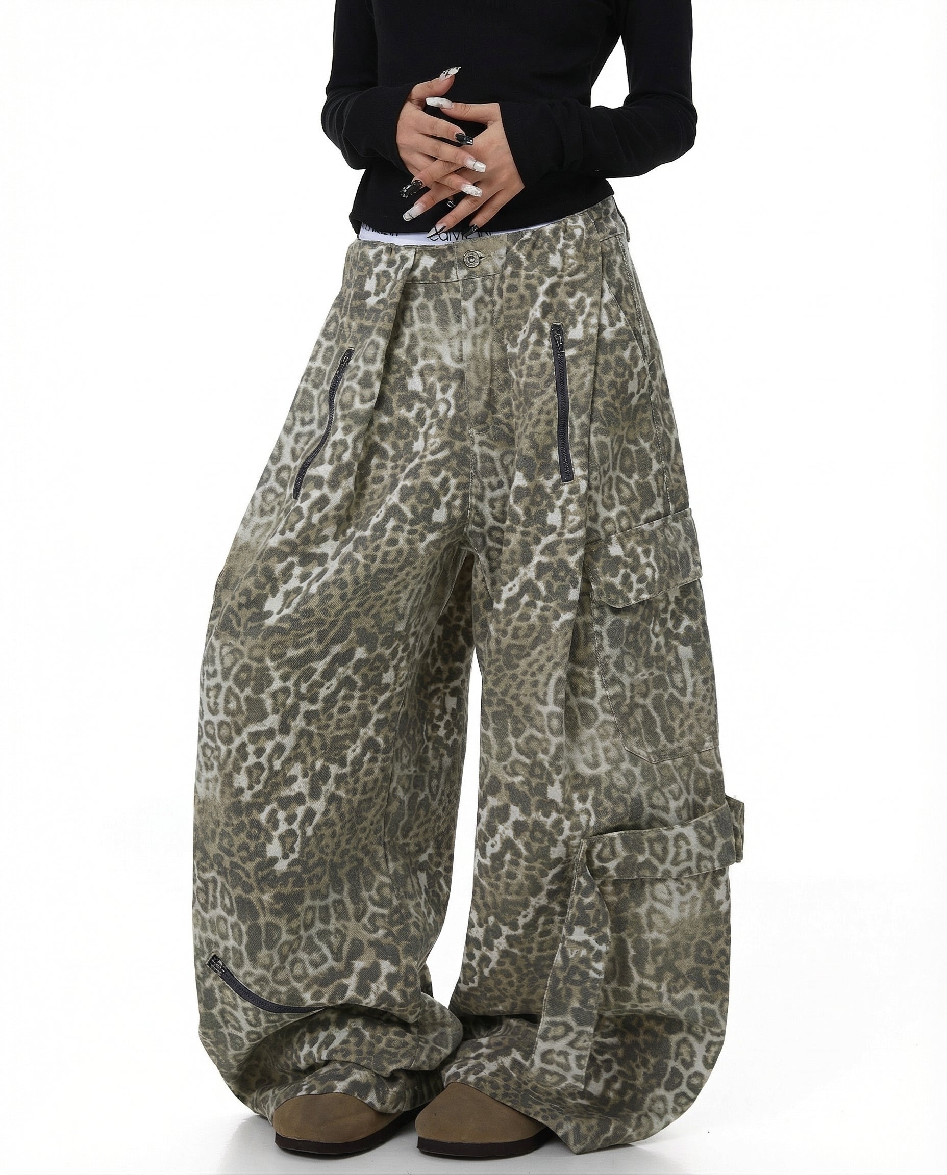 Leopard Denim Wide Leg Cargo Pants - Y2K Streetwear