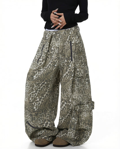Leopard Denim Wide Leg Cargo Pants - Y2K Streetwear