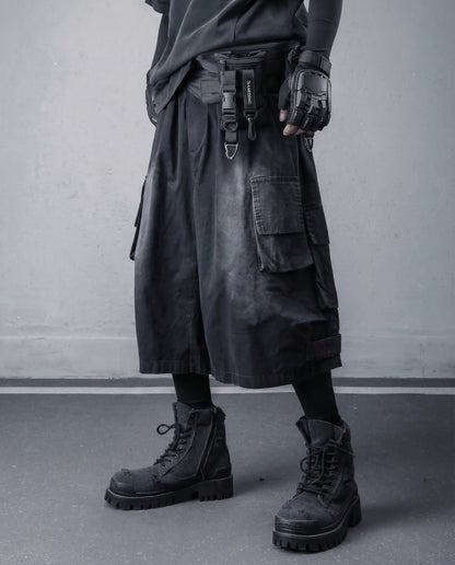 Distressed Wide-Leg Cargo Shorts - Techwear
