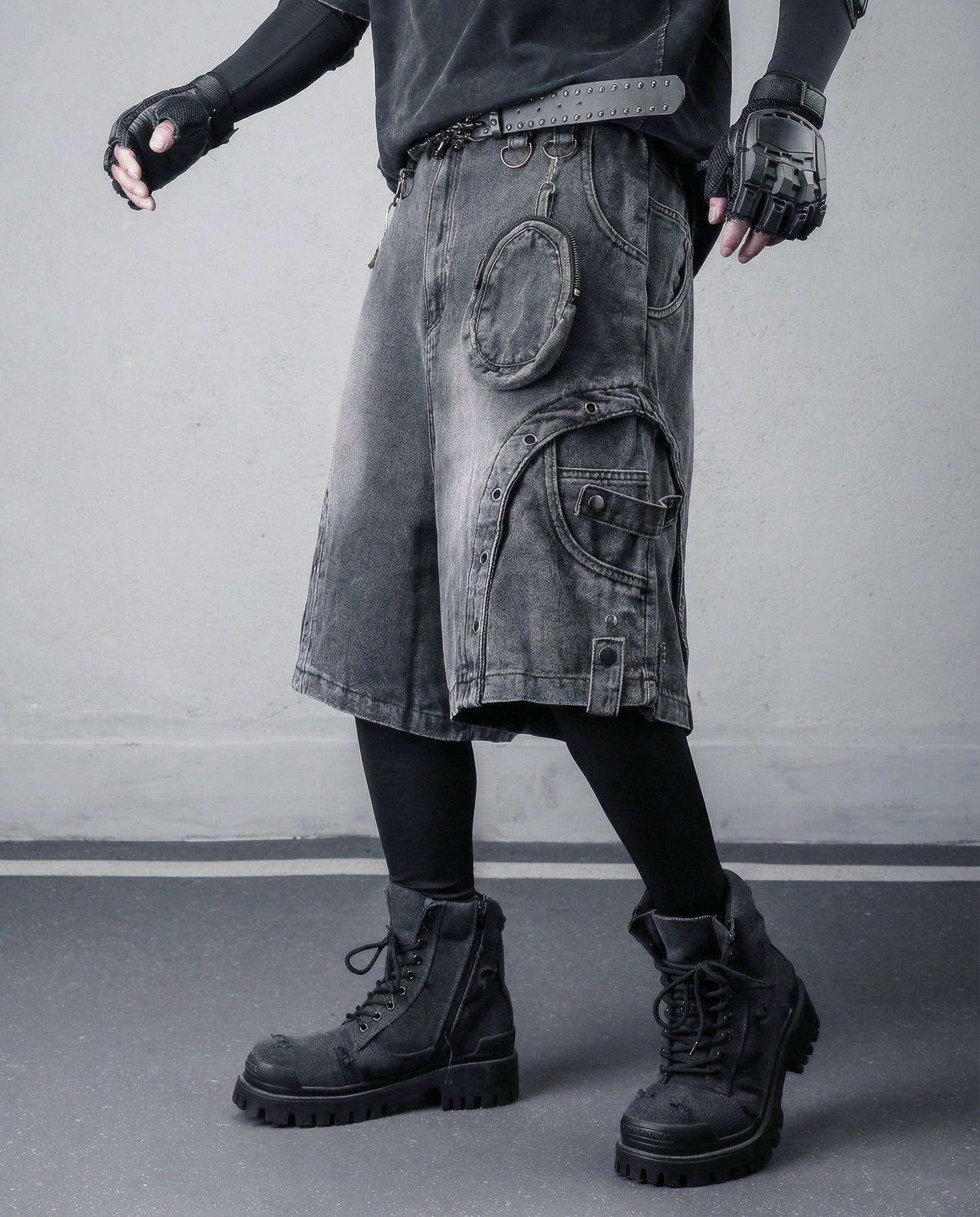 Cyberpunk Techwear Distressed Denim Cargo Shorts