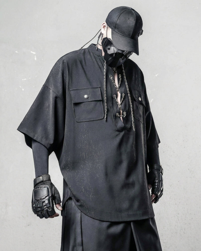 Darkwear Chain Lace-Up Textured Short Sleeve Shirt