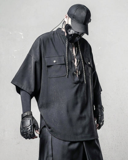 Darkwear Chain Lace-Up Textured Short Sleeve Shirt