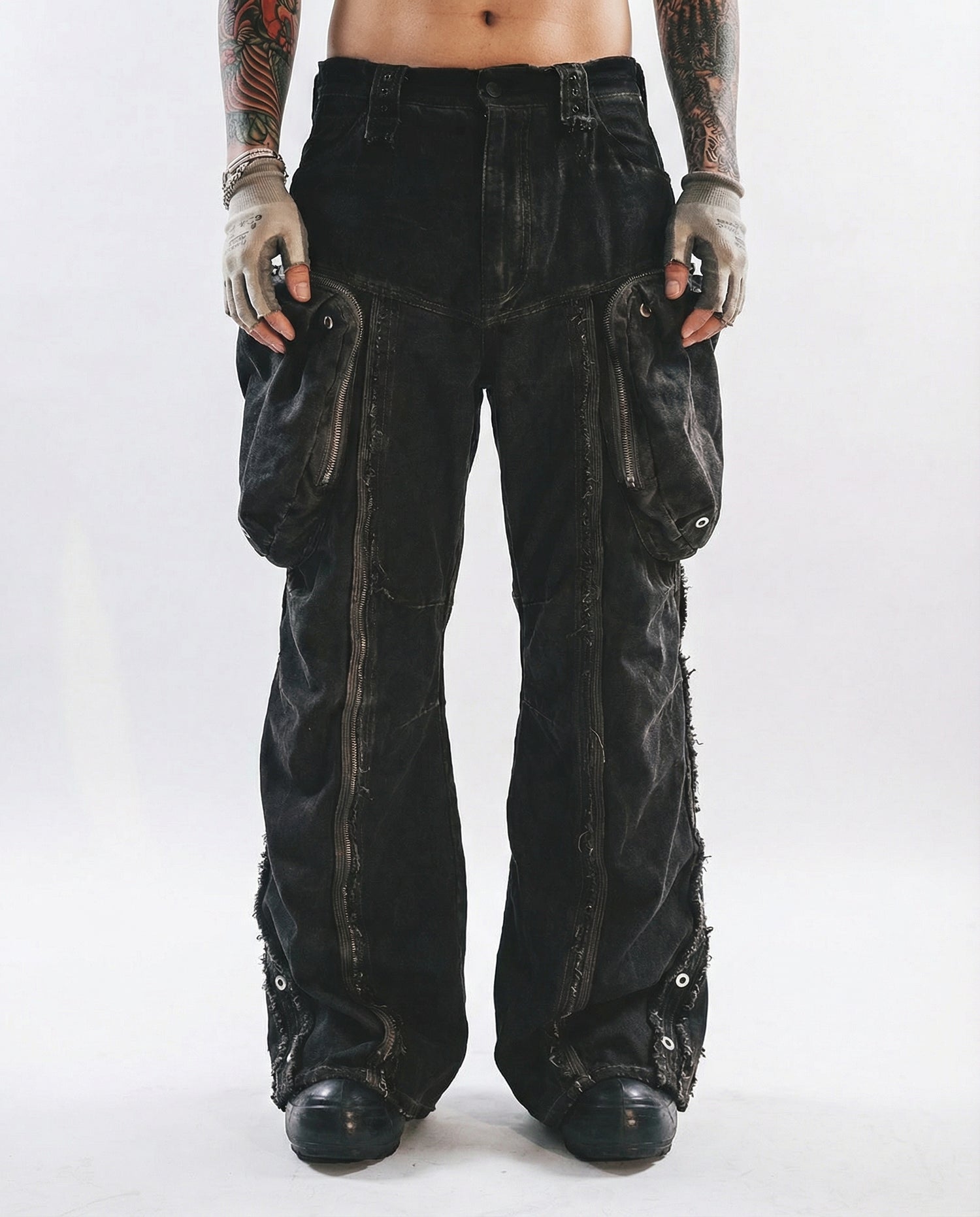 Distressed Cotton Wide Leg Cargo Pants - Grunge Streetwear