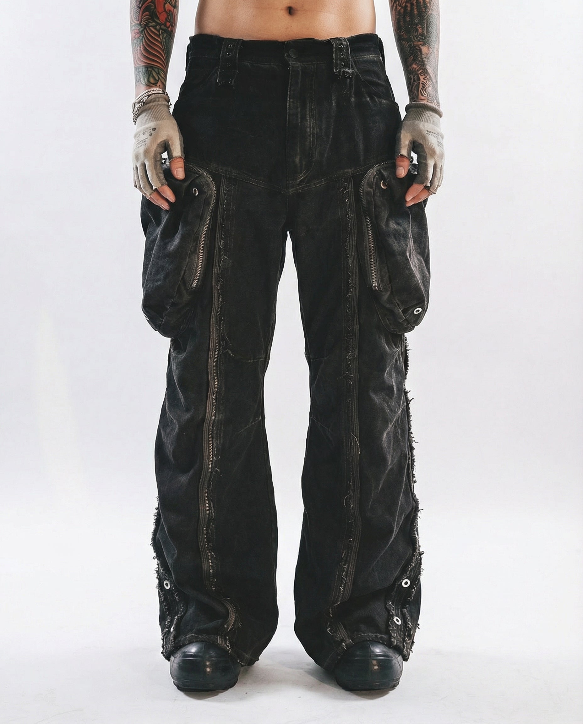 Distressed Cotton Wide Leg Cargo Pants - Grunge Streetwear