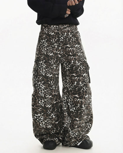 Leopard Print Wide Leg Cargo Pants - Urban Streetwear