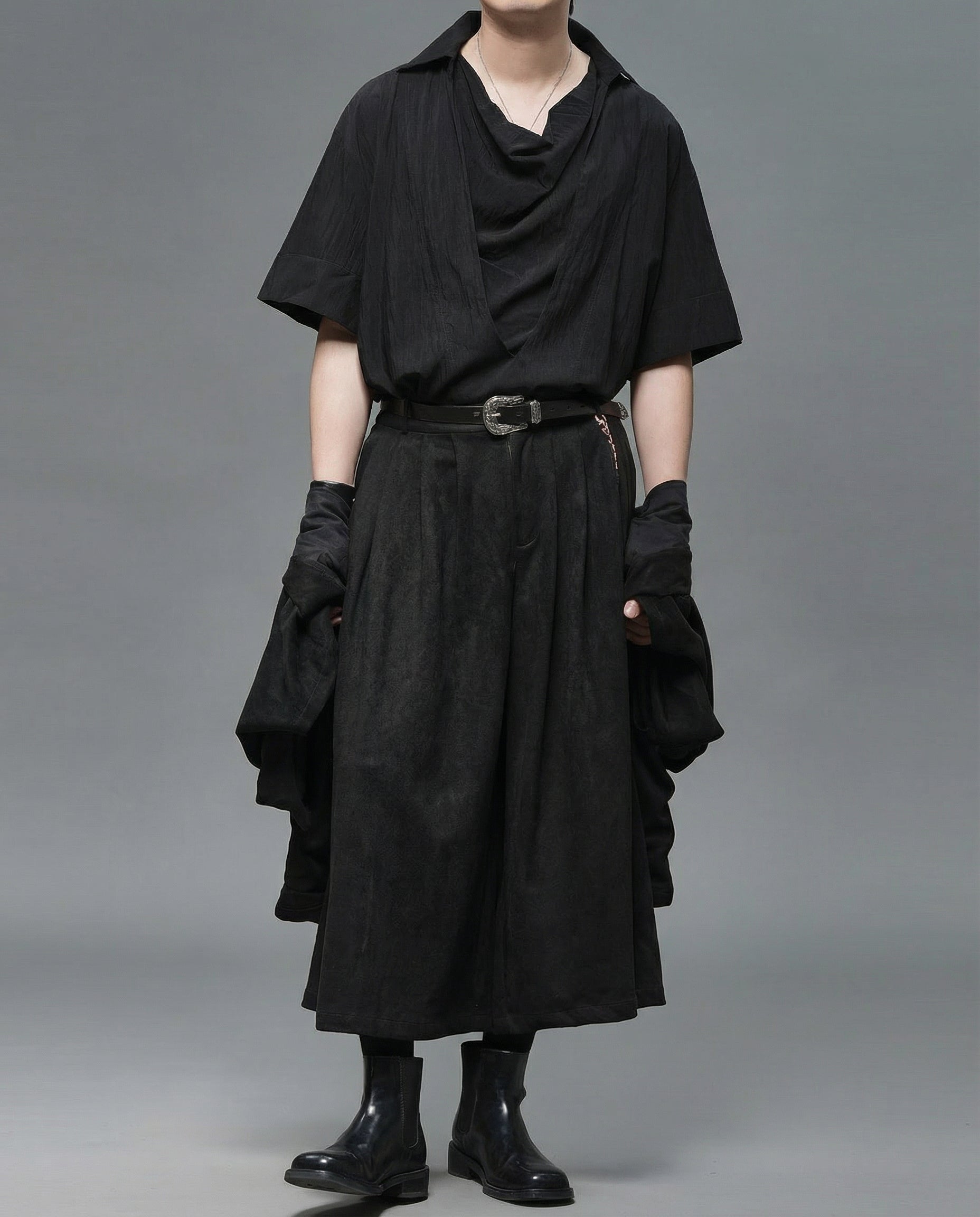 Oversized Cowl Neck Draped Shirt - Japanese Darkwear