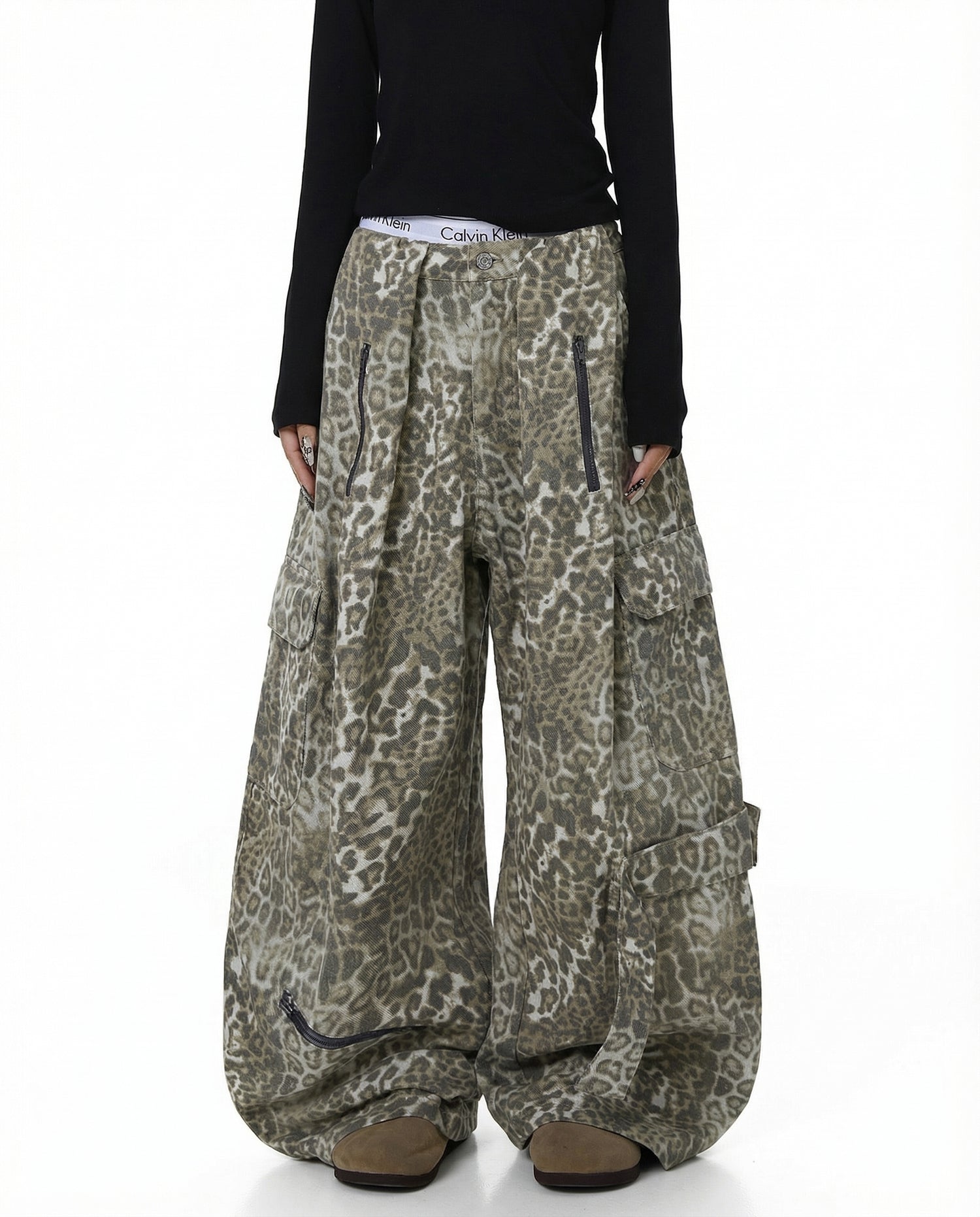 Leopard Denim Wide Leg Cargo Pants - Y2K Streetwear