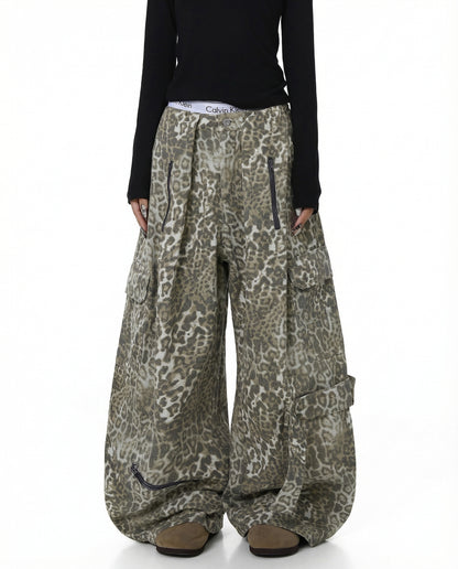 Leopard Denim Wide Leg Cargo Pants - Y2K Streetwear