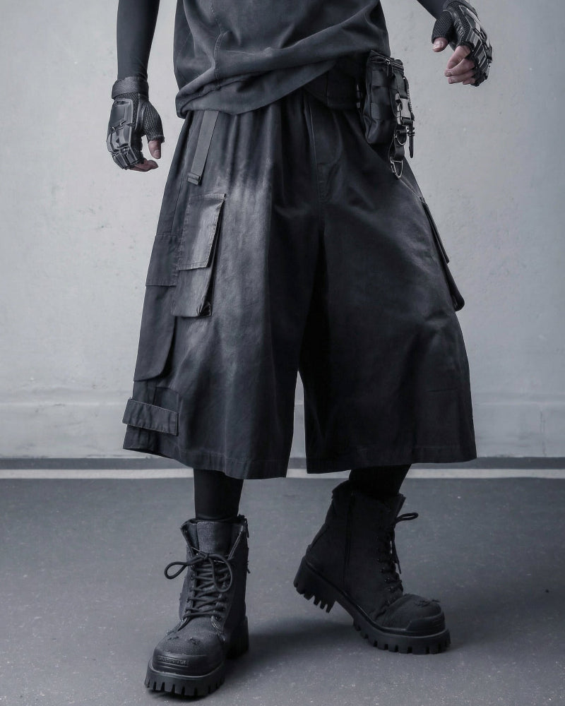 Distressed Wide-Leg Cargo Shorts - Techwear