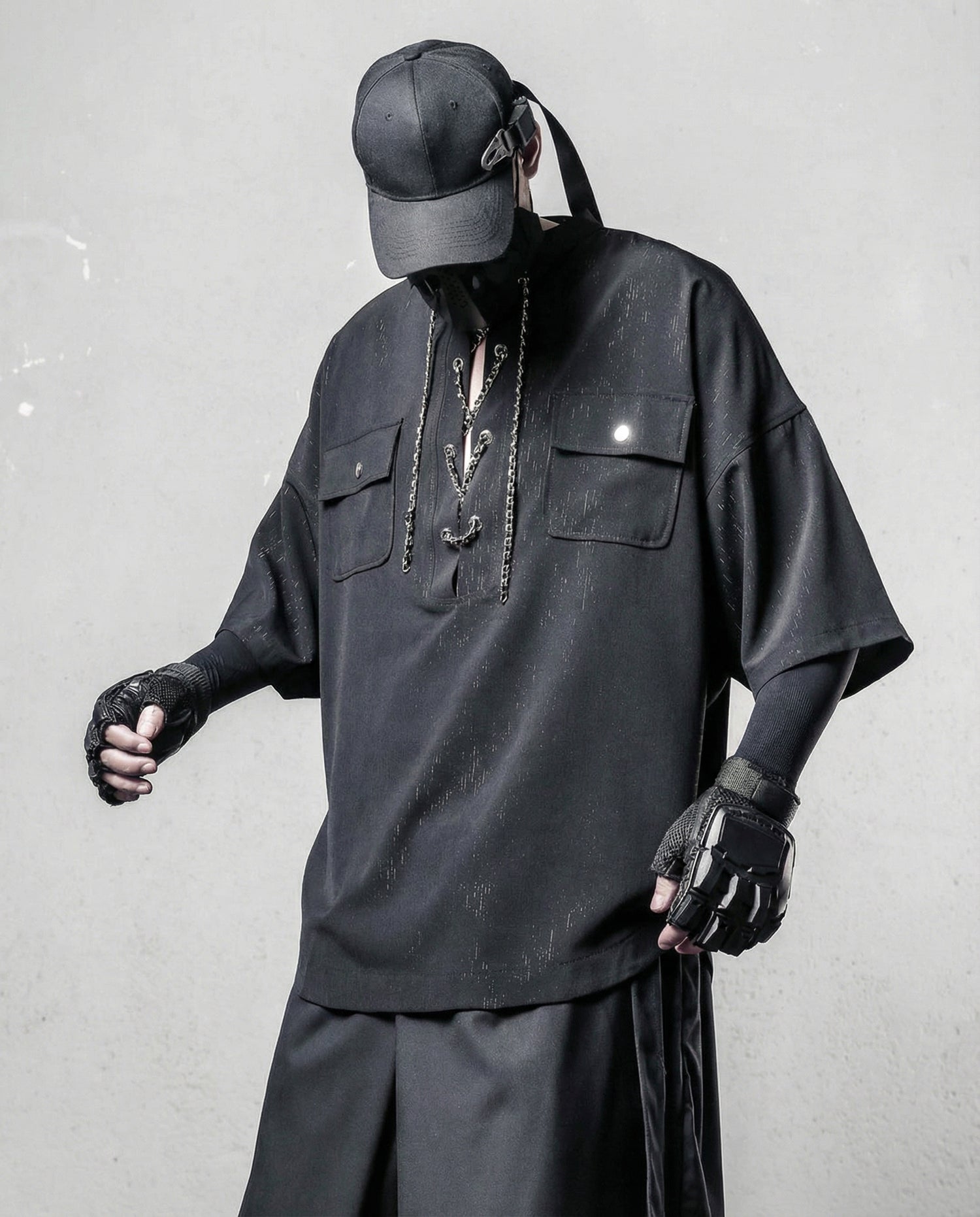 Darkwear Chain Lace-Up Textured Short Sleeve Shirt