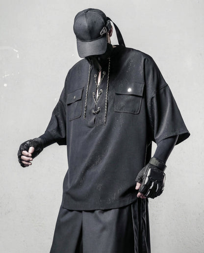 Darkwear Chain Lace-Up Textured Short Sleeve Shirt