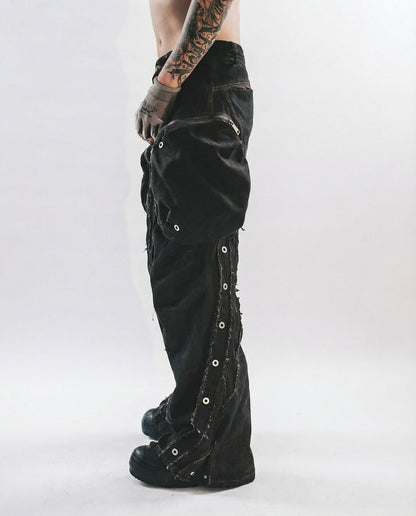 Distressed Cotton Wide Leg Cargo Pants - Grunge Streetwear
