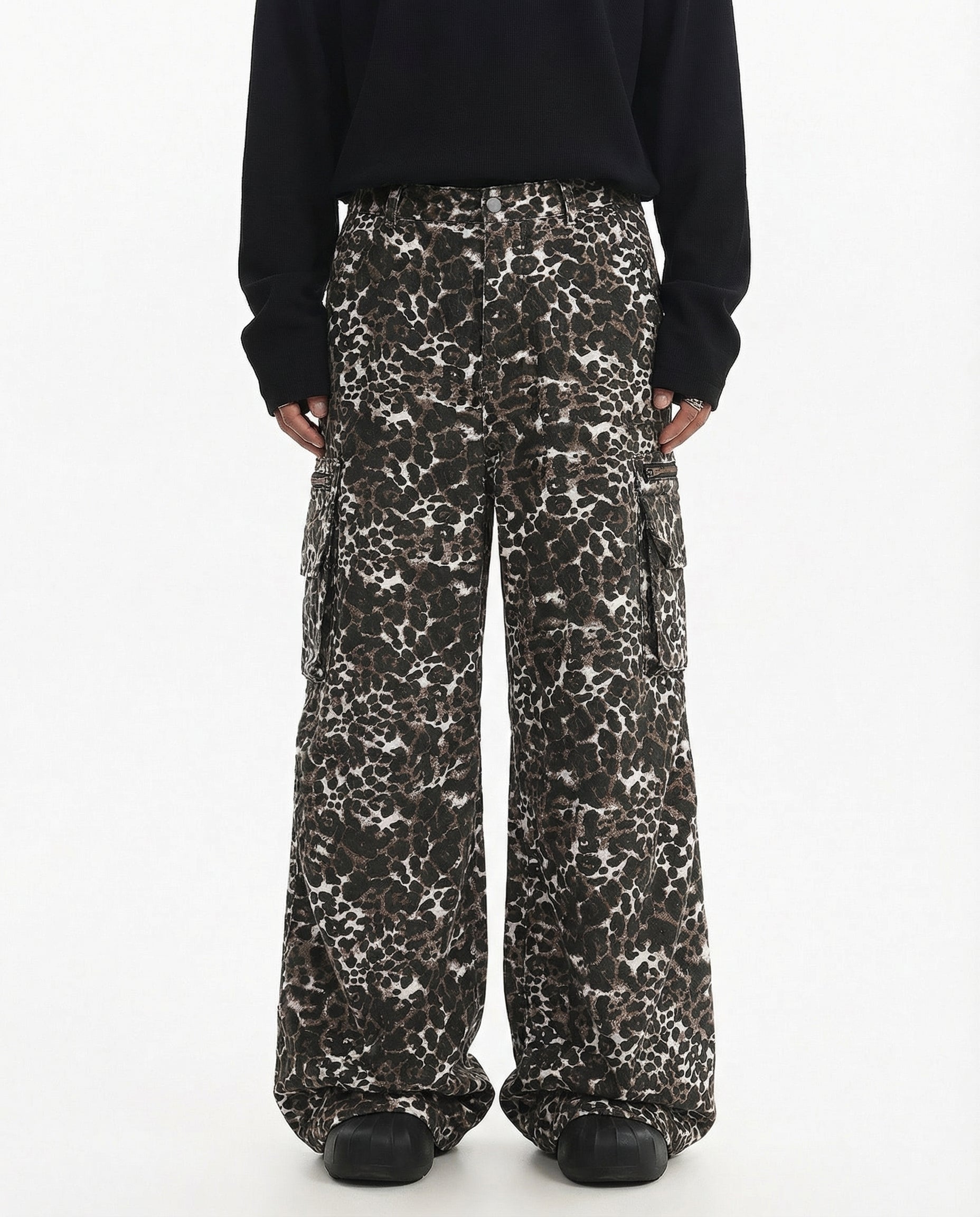 Leopard Print Wide Leg Cargo Pants - Urban Streetwear
