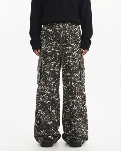 Leopard Print Wide Leg Cargo Pants - Urban Streetwear