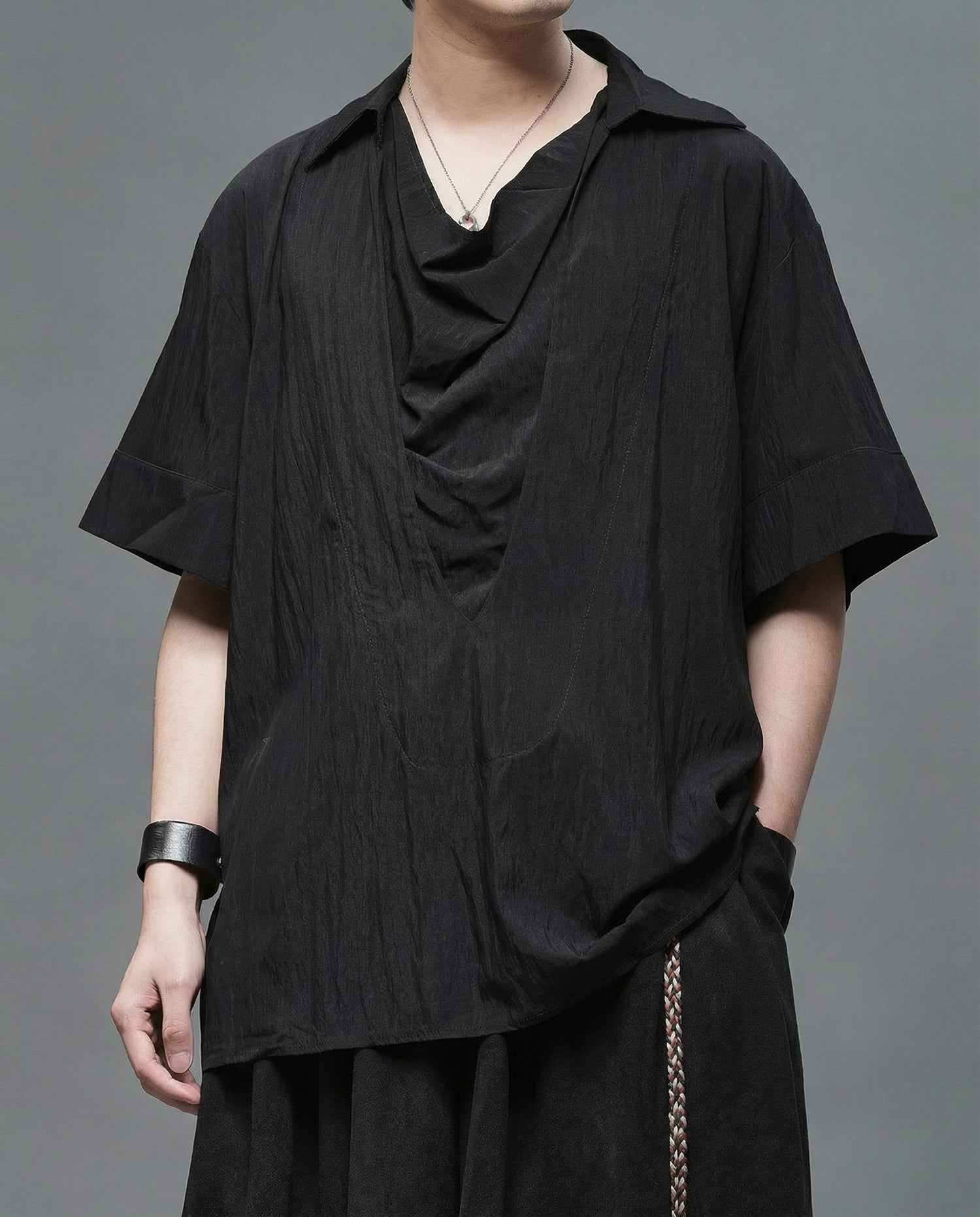 Oversized Cowl Neck Draped Shirt - Japanese Darkwear